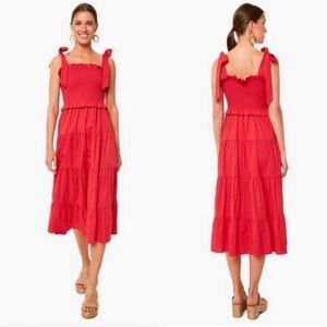 Tuckernuck Alannah Smocked Cotton Poppy Red Midi Dress